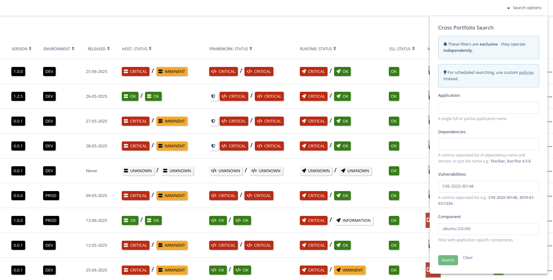 Screenshot of Metaport's security vulnerability and dependency search feature.