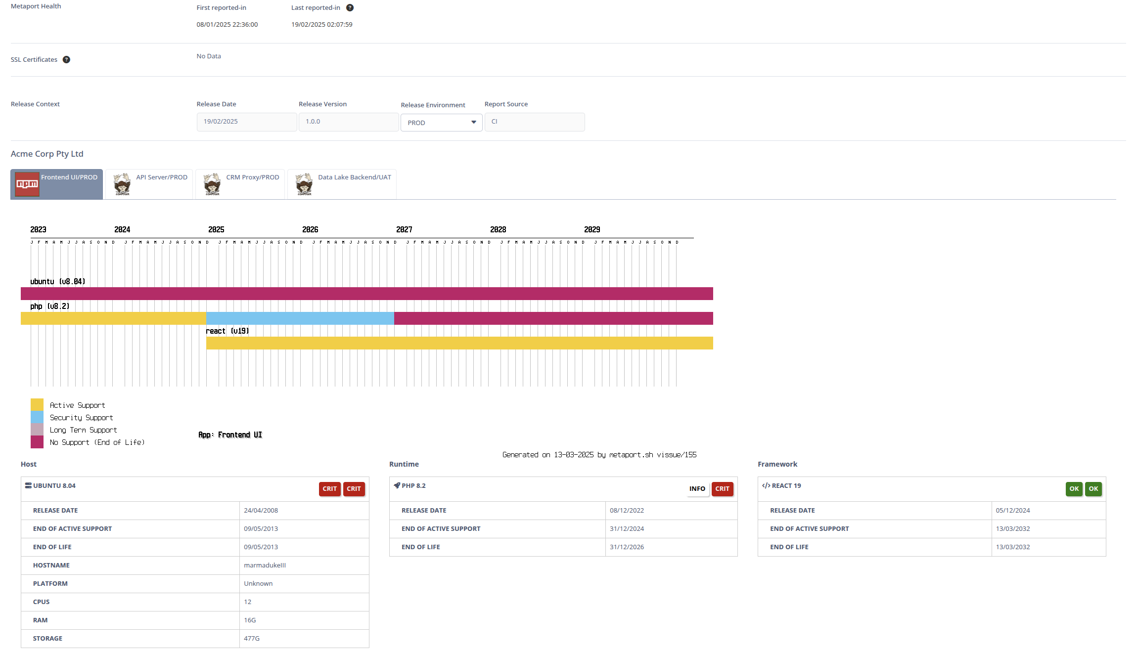 Screenshot of Metaport's maintenance gantt chart feature.